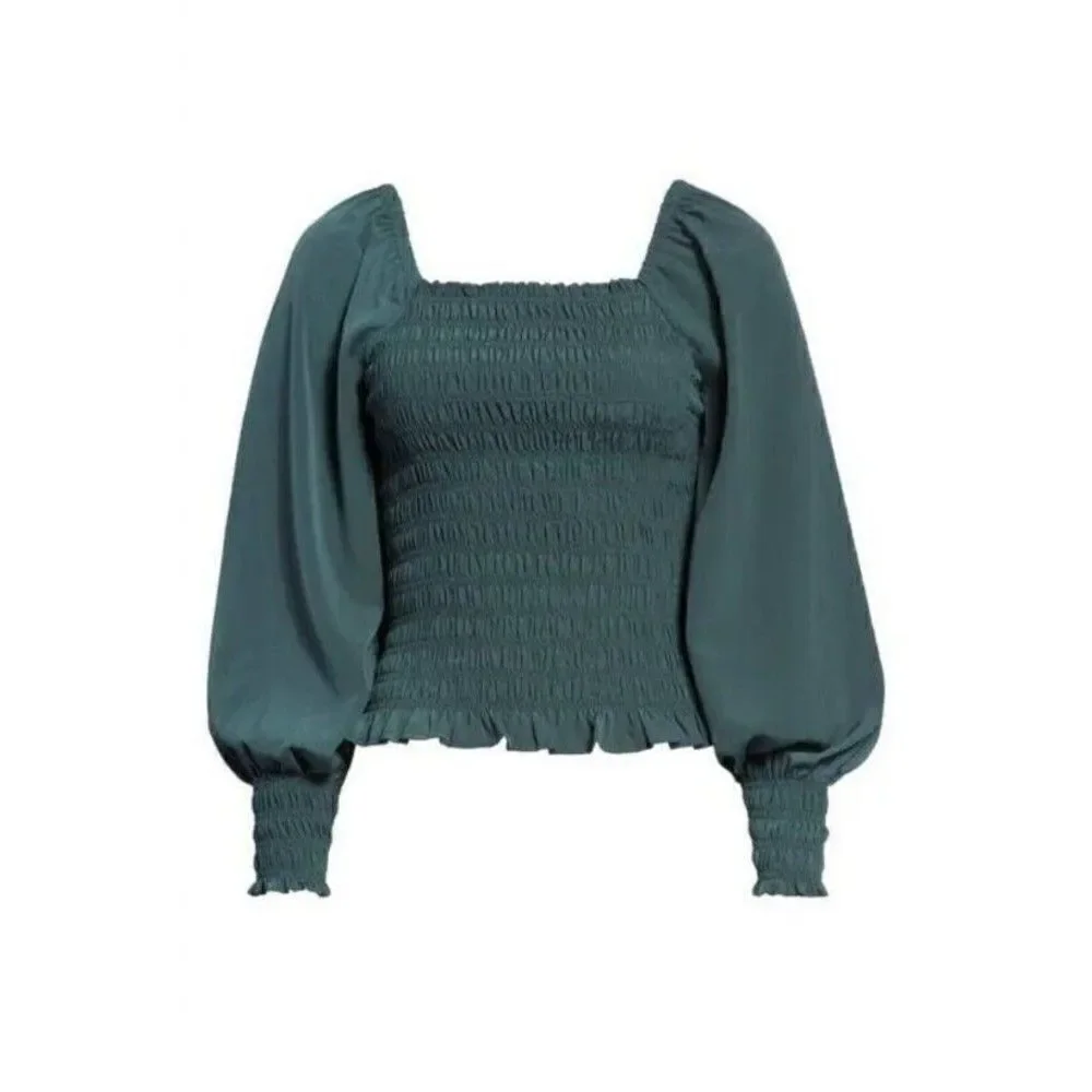 Madewell Lucie Bubble Sleeve Smocked Top in Green Women's Size S